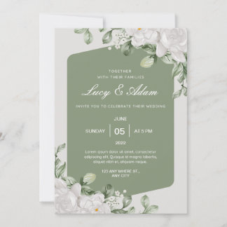 Green Sage White Floral Wedding Invitation Kaart