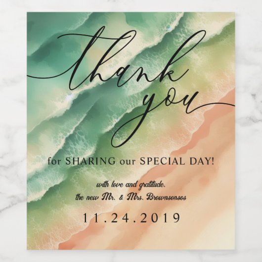 Green Sand Ocean Beach Zomer Waterverf Bruiloft Wijn Etiket (Enkel label)