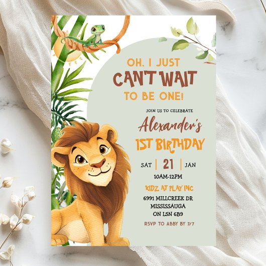Green Savannah Lion Theme First Birthday Kaart