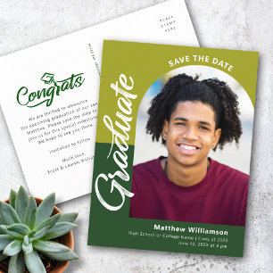 Green Save Date Afstuderen Photo Bold Arch Script Uitnodiging Briefkaart