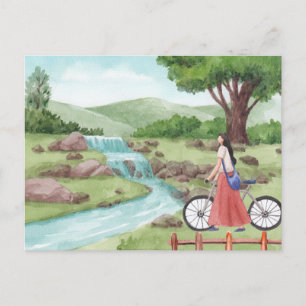 Green Scenery meisje met fiets Waterverf Briefkaart