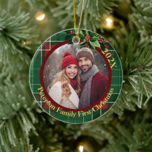 Green Scottish Plaid Onze eerste kerstfoto Keramisch Ornament