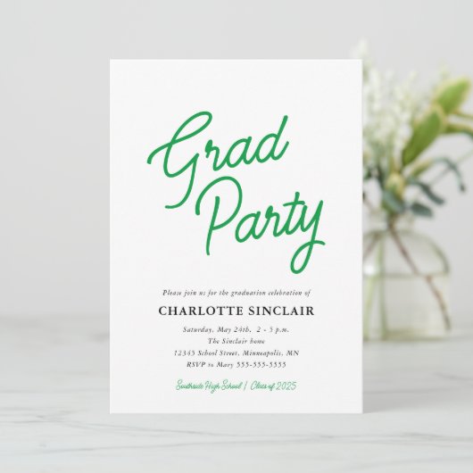 Green Script Simple Budget Grad Party Invitation (Debout devant)