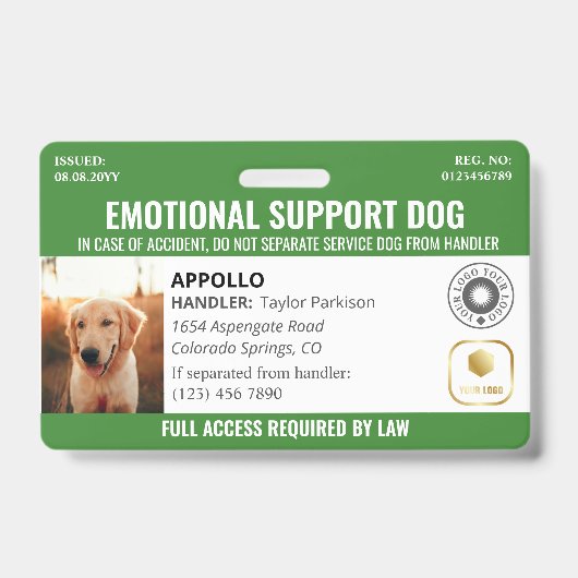 Green Service Dog 2 Logo & foto ID Badge (Voorzijde)