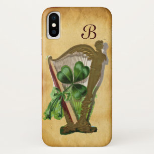 GREEN SHAMROCK HARP PARCHMENT MONOGRAM iPhone X HOESJE