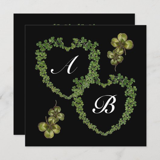GREEN SHAMROCK HEARTS MONOGRAM Black white paars Aankondiging (Voorkant / Achterkant)