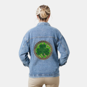 Green Shamrock on Celtic Knots Denim Jacket