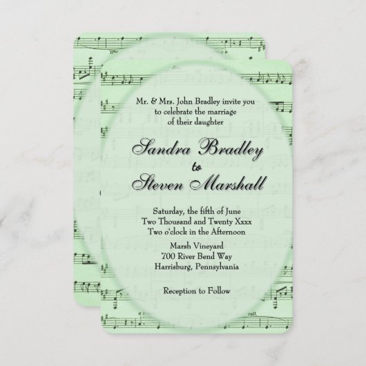Green Sheet Music Theme Weddenschap Kaart (Voorkant / Achterkant)
