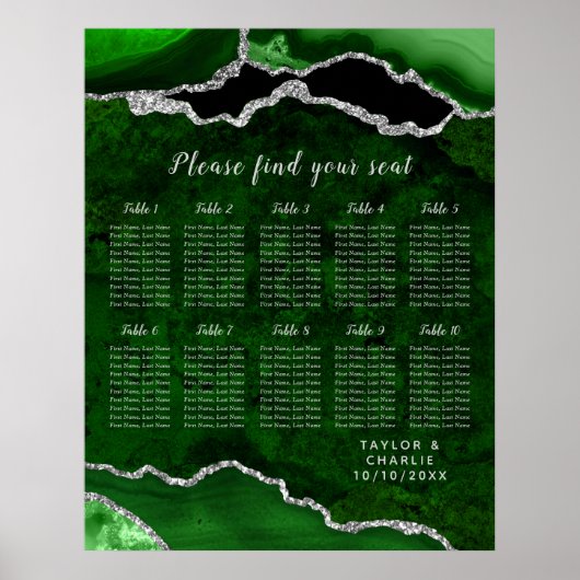 Green Silver Agate Wedding Seating Chart 12 Table Poster (Voorkant)