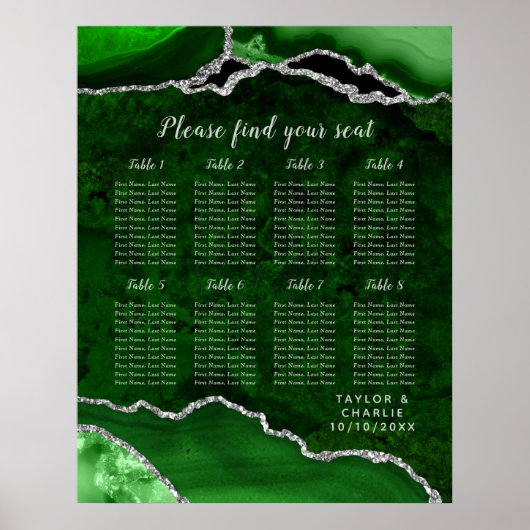 Green Silver Agate Wedding Seating Chart 8 Table Poster (Voorkant)