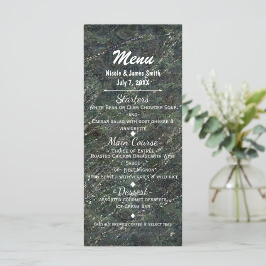 Green & Silver Army Camo Sparkle Glam Party Menu (Debout devant)