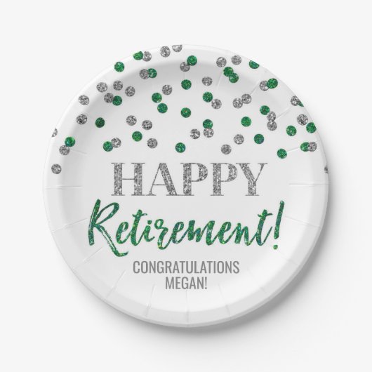 Green Silver Confetti Happy Retirement Papieren Bordje (Voorkant)