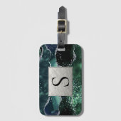 Green Silver Glitter Marble Geode Agate Monogram Bagagelabel (Voorkant (verticaal))