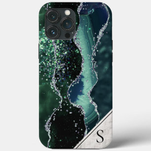 Green Silver Glitter Marble Geode Agate Monogram iPhone 13 Pro Max Hoesje