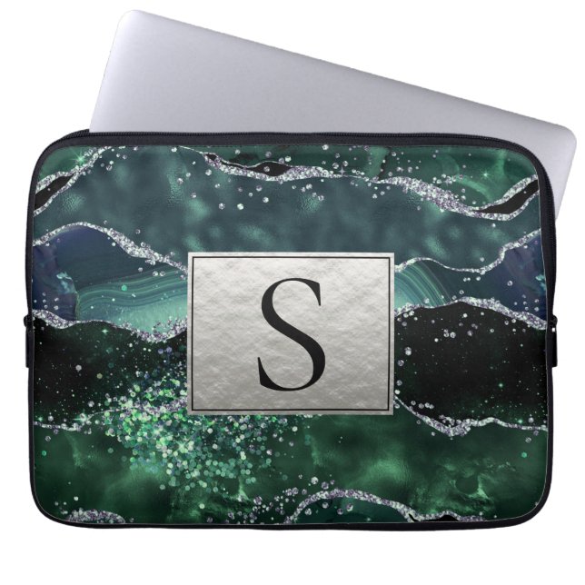 Green Silver Glitter Marble Geode Agate Monogram Laptop Sleeve (Voorkant)