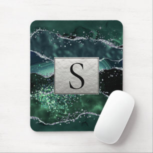 Green Silver Glitter Marble Geode Agate Monogram Muismat