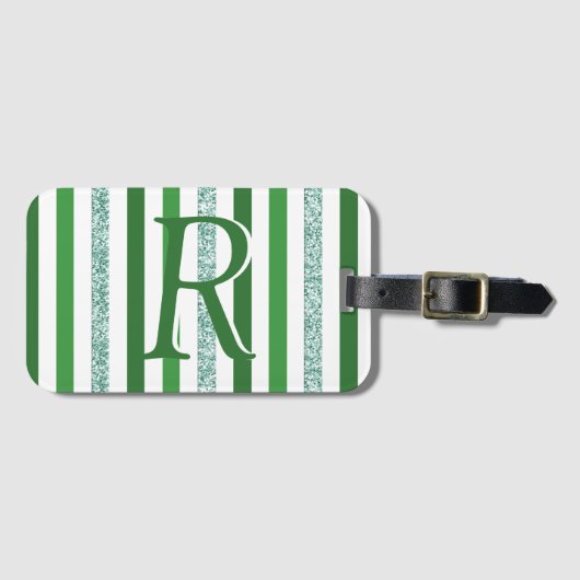 Green Silver Glitter Stripes Monogramed Custom Bagagelabel (Voorkant (horizontaal))