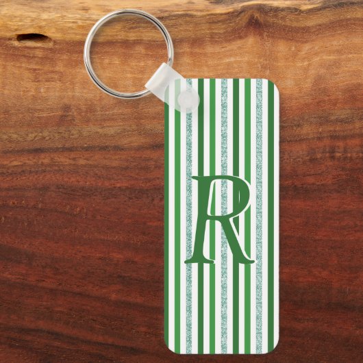 Green Silver Glitter Stripes Monogramed Custom Sleutelhanger (Voorkant)