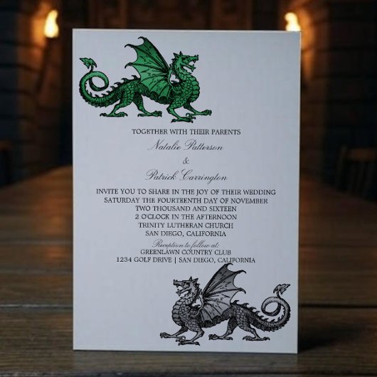 Green Silver Medieval Dragon Wedding Invitation