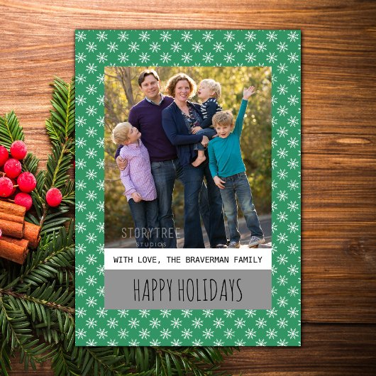 Green Simple Snowflake Holiday Photo Flat Carte Pl