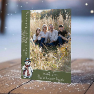 Green Smiling Snowman Foto Vakantie Kaart