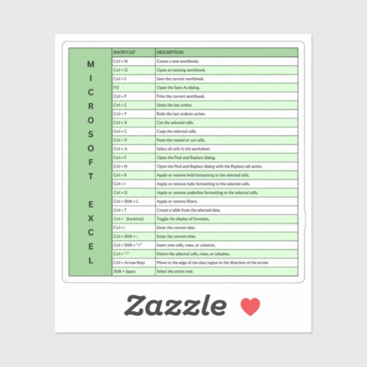 Green | Sneltoetsen voor Microsoft Excel Windows Sticker (Vel)