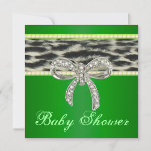 Green Snow Leopard Diamond Bow Baby shower Invite Kaart