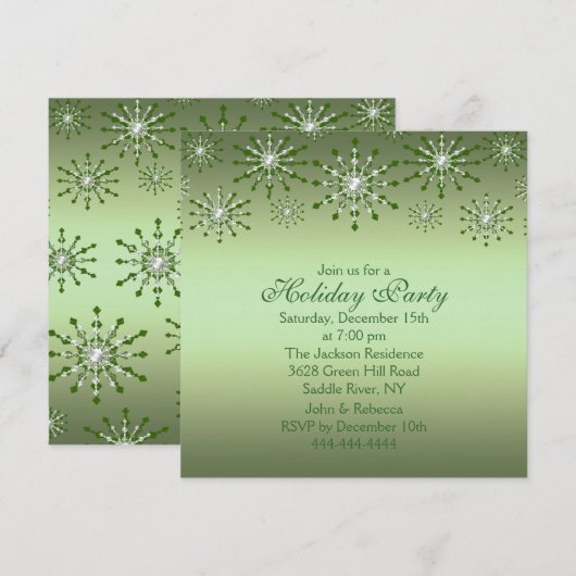 Green Snowflake Fête Invitation (Devant / Derrière)