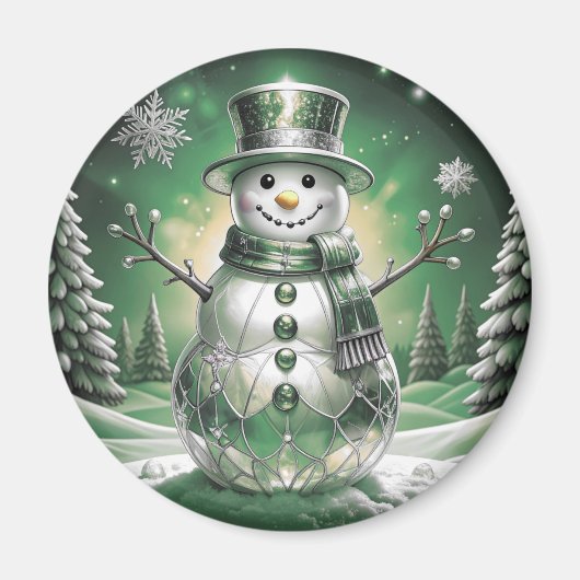 Green Snowman Snowflakes Holiday Magnet (Devant)