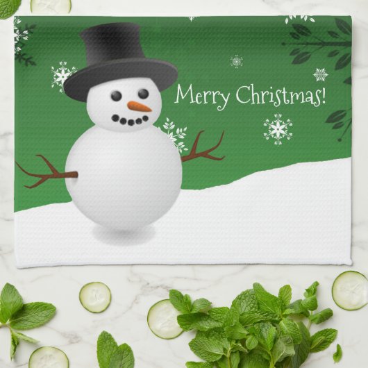 Green Snowman Winter Scène Noël Cuisine Serviette (Plié)
