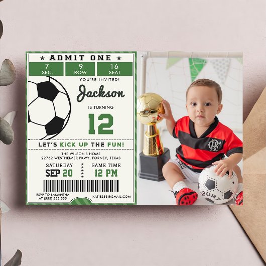 Green Soccer Anniversaire Photo Invitation