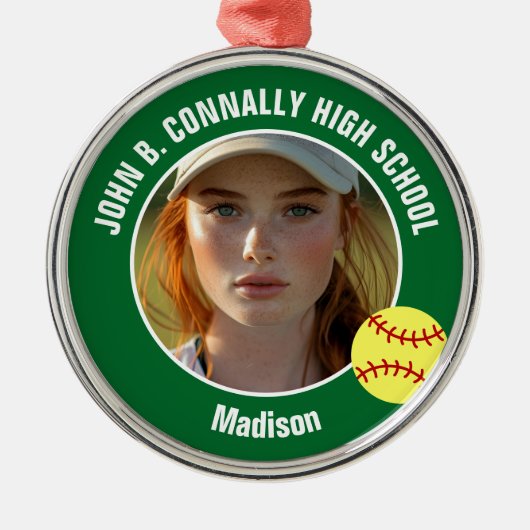 Green Softball Player Photo High School Christmas Metalen Ornament (Voorkant)