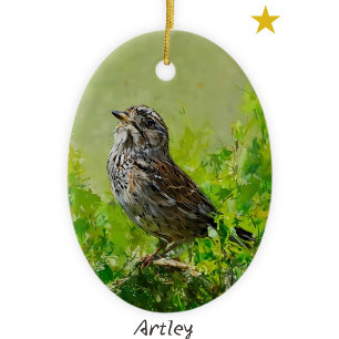Green Song Sparrow Vogelschilderij Aangepast Jaar Keramisch Ornament