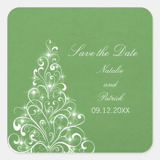Green Sparkly Holiday Tree Save the Date Stickers (Devant)
