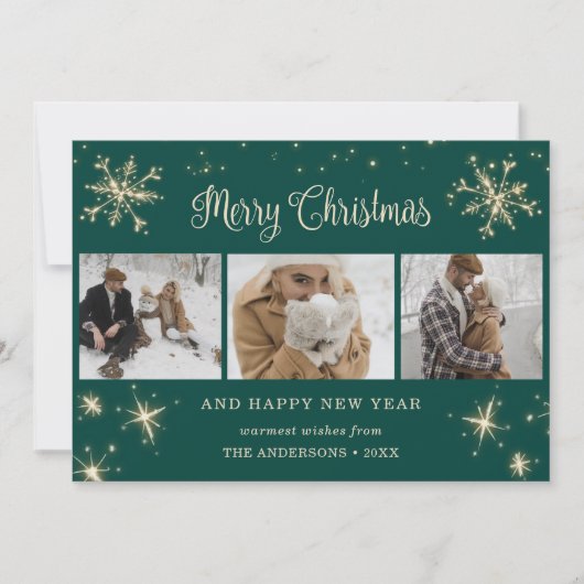 Green Sparkly Snowflake-fotokerstkaarten Feestdagenkaart (Voorkant)