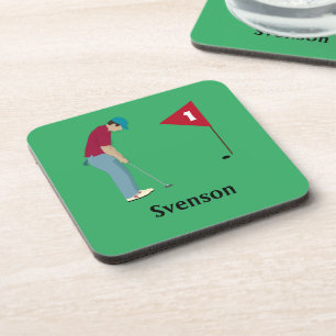 Green Square Golfer Putting Golf Ball Bier Onderzetter