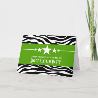Green Stars Zebra Print Sweet 16 Cartes de remerci