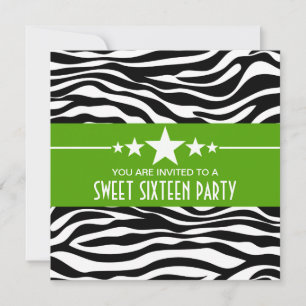 Green Stars Zebra Print Sweet 16 Invite Kaart