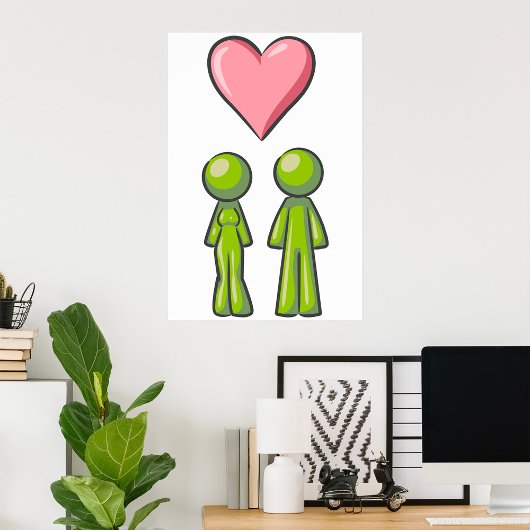 Green Stick Figuur Paar Roze Hart Liefde Poster