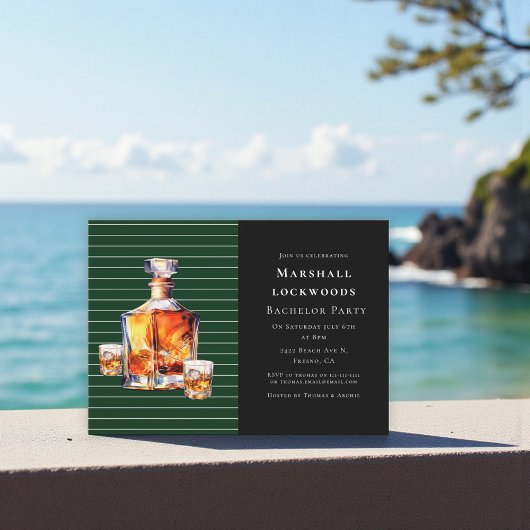 Green Stripe Amber Whiskey Bachelor Bash Invite Kaart