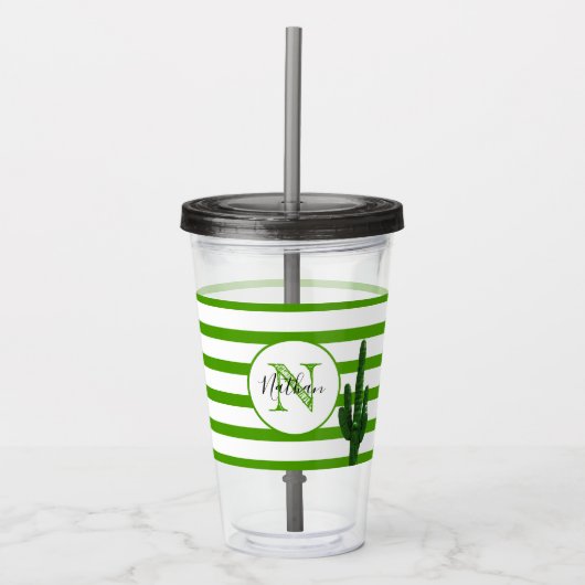 Green Stripe en Saguaro Monogrammed Personalized Acryl Drinkbeker (Voorkant)