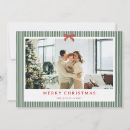 Green Stripe Red Bow Christmas Photo Holiday Card  Feestdagenkaart