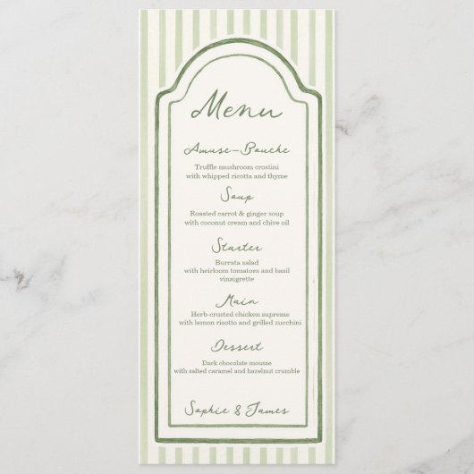 Green Striped Wedding Flat Menu (Devant)