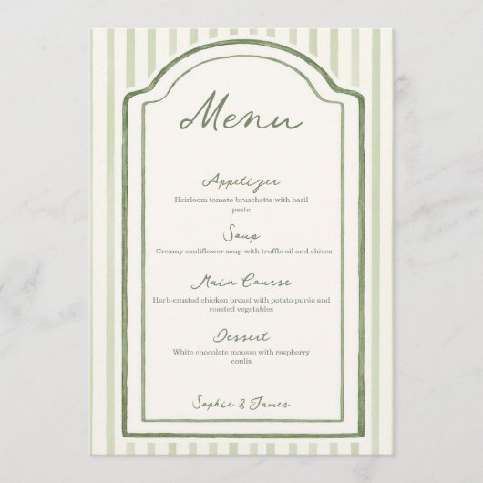 Green Striped Wedding Flat Menu (Devant)