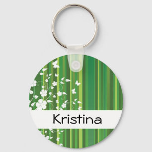 Green Stripes Floral Personal Name Sleutelhanger