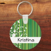 Green Stripes Floral Personal Name Sleutelhanger (Voorkant)