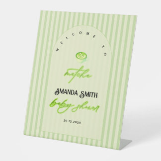 Green Stripes Matcha Baby Shower Welcome Reclamebord Met Voetstuk