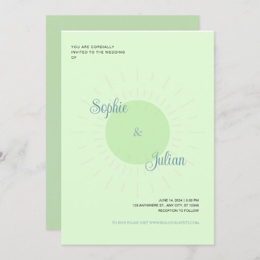 Green Sunburst Wedding Invitations Kaart (Voorkant / Achterkant)