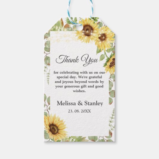 Green Sunflower Eucalyptus String Lights Wedding Cadeaulabel (Voorkant)