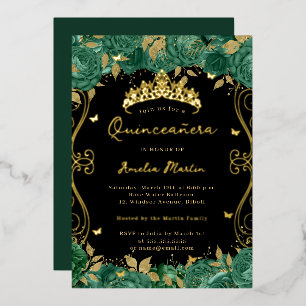 Green Swirl Scroll Floral Quinceanera Folie Uitnodiging